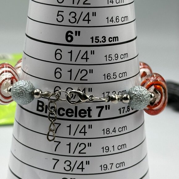 Glass Heart Bead Bracelet Earrings Set Silver Tone Red Swirl Pierced 7 Inch - Picture 9 of 11